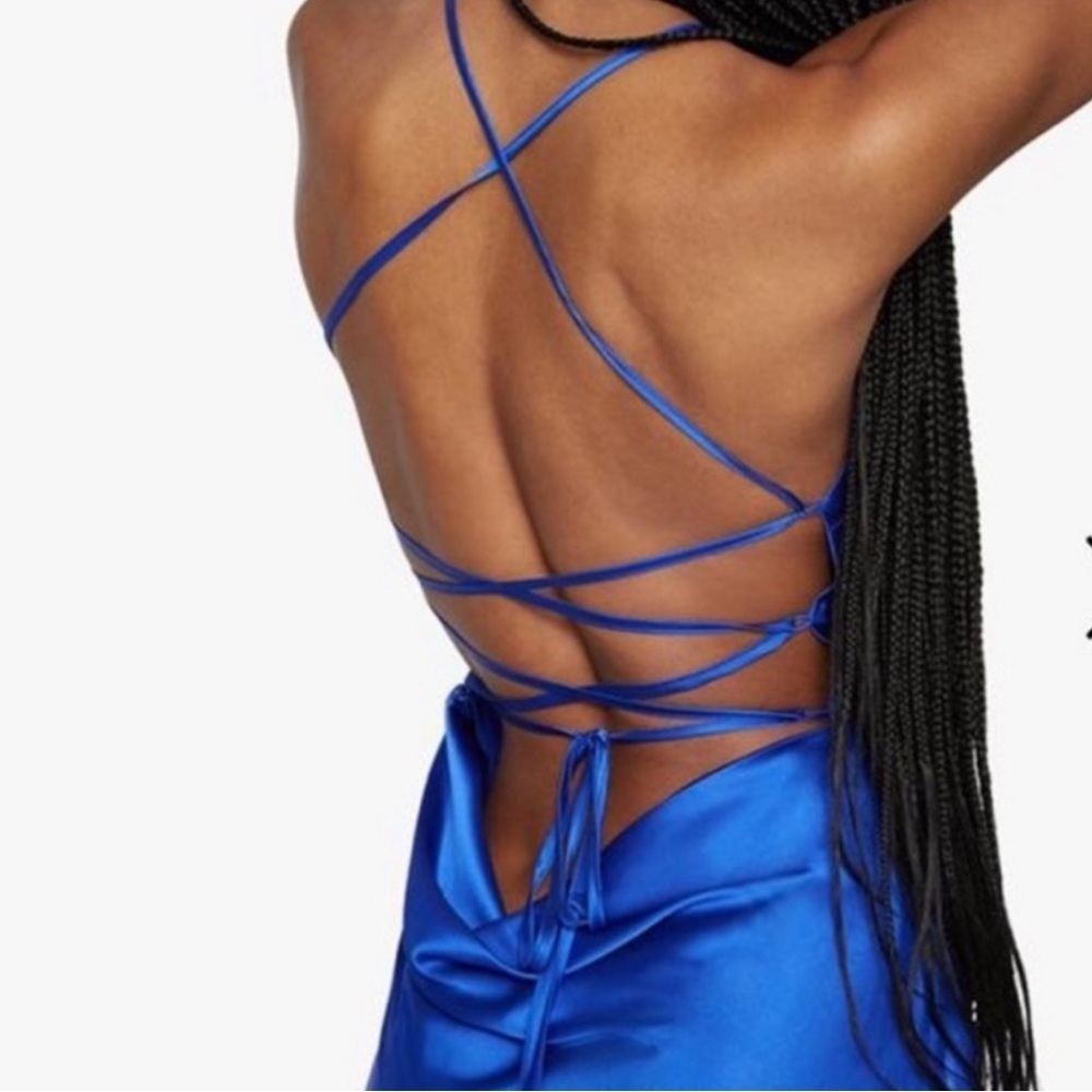DANIELLE BERNSTEIN Blue Satin Lace Up Midi Dress